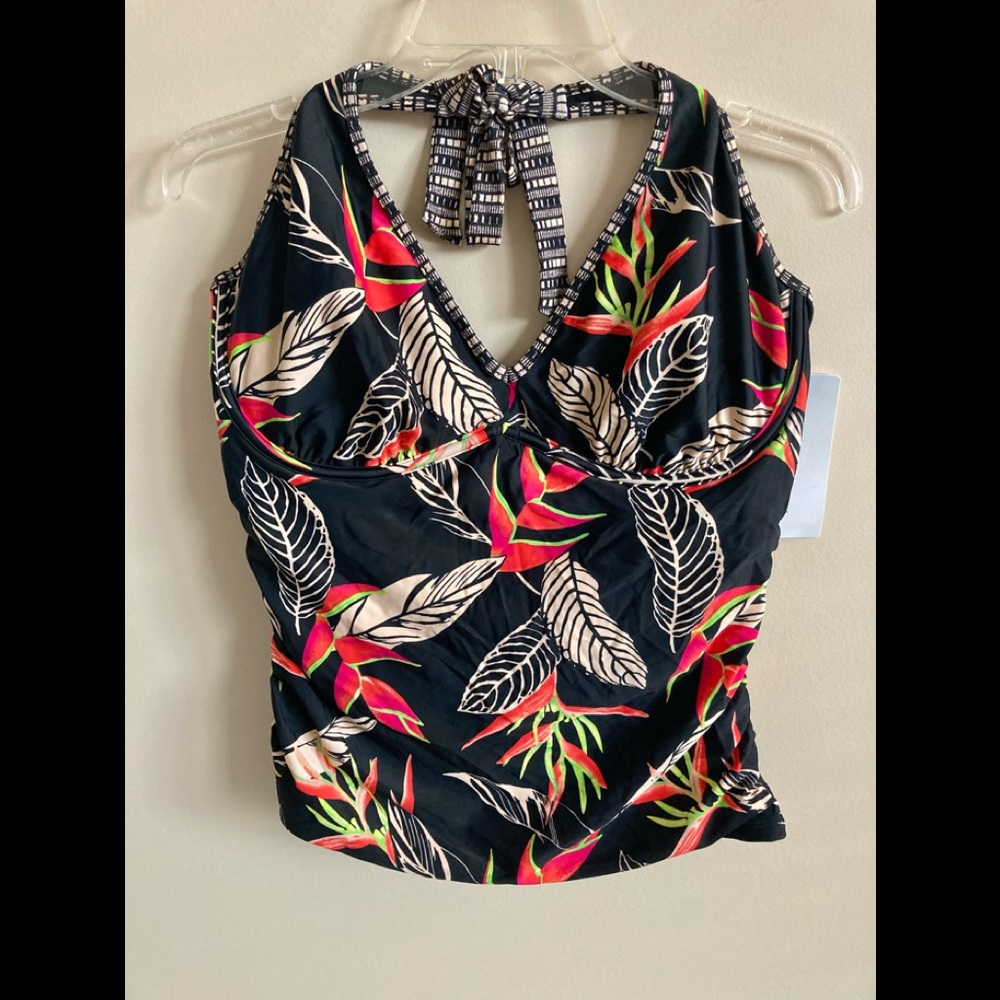 Athleta Black and Red Leaf Print Swim Top